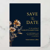 海軍と金ゴールドのワイルドフラワーの結婚式は日付を保存 箔招待状 (正面)