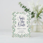 海軍と金ゴールドの植物学のイラストレーション日付を保存 ポストカード (スタンド正面)