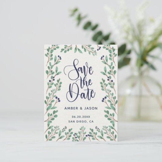 海軍と金ゴールドの植物学のイラストレーション日付を保存 ポストカード (スタンド正面)