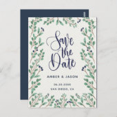 海軍と金ゴールドの植物学のイラストレーション日付を保存 ポストカード (正面/裏面)