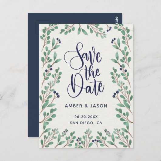 海軍と金ゴールドの植物学のイラストレーション日付を保存 ポストカード (正面/裏面)