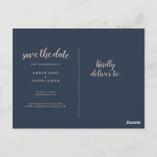 海軍と金ゴールドの植物学のイラストレーション日付を保存 ポストカード (裏面)