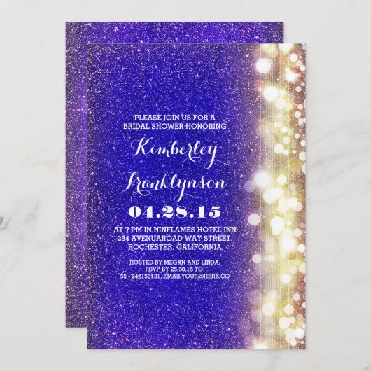 海軍と金ゴールドグリッターライトブライダルシャワー 招待状 (正面/裏面)