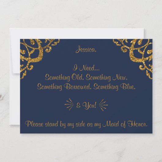 海軍と金ゴールドグリッター私のメイド・オブ・オーナー（花嫁付き添い人）? 招待状 (裏面)