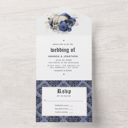 海軍と金ゴールドゴシックフローラ結婚ズ オールインワン招待状 (内側)