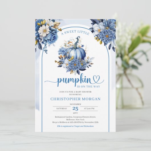 海軍と金ゴールドフローラ小さなカボチャリースboho 招待状 (スタンド正面)