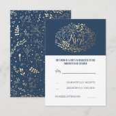 海軍と金ゴールドフローラ結婚式RSVPカード 出欠カード (正面/裏面)