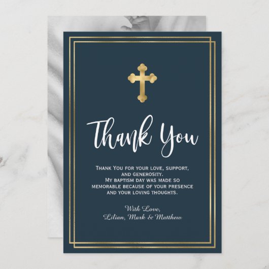 海軍と金ゴールドモダンのバプテスマ写真 サンキューカード (正面/裏面)