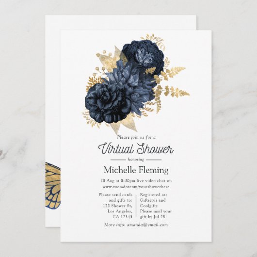 海軍と金ゴールドヴィンテージみすぼらしいバラバーチャルシャワー 招待状 (正面/裏面)