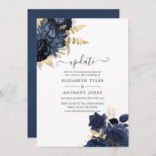 海軍と金ゴールドヴィンテージシャビーバラ結婚ズの更新 招待状 (正面/裏面)