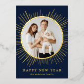 海軍と金ゴールド日が差すことハッピーニューイヤー写真 箔シーズンカード (正面)