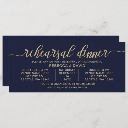 海軍と金ゴールド書道リハーサルディナー 招待状 (正面/裏面)