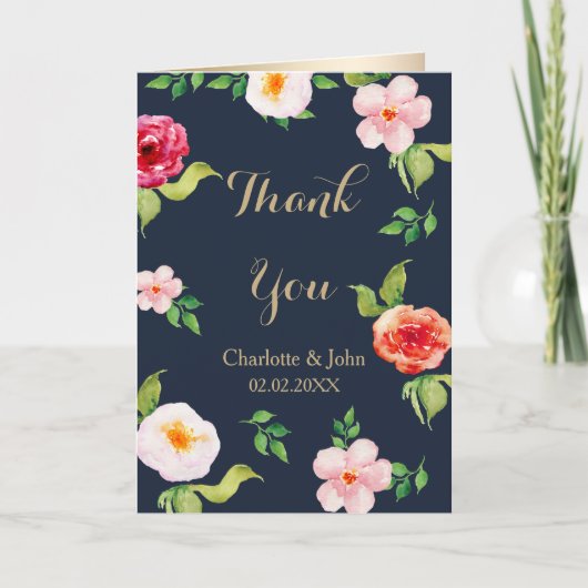 海軍と金ゴールド水色の花結婚類 サンキューカード (正面)