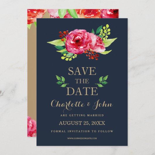 海軍と金ゴールド水色の花結婚類 セーブザデート (正面/裏面)