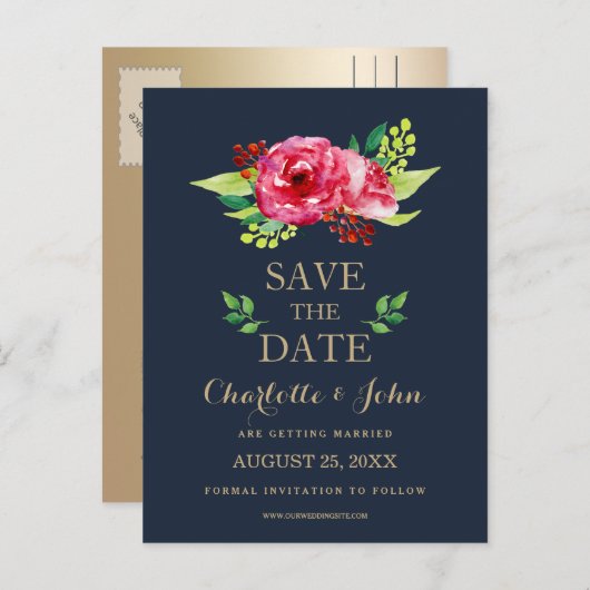 海軍と金ゴールド水色の花結婚類 案内ポストカード (正面/裏面)