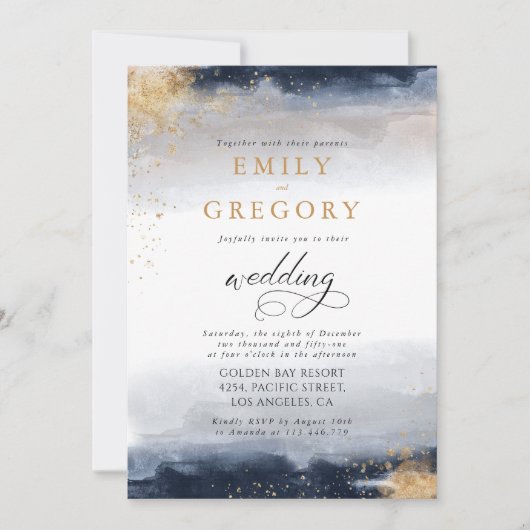 海軍と金ゴールド結婚の式招待状 招待状 (正面)