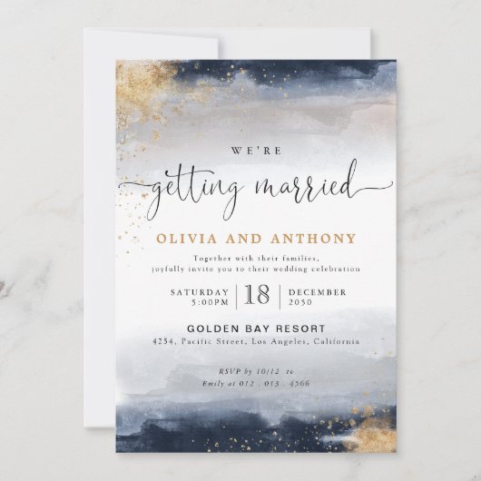 海軍と金ゴールド結婚の式招待状 招待状 (正面)