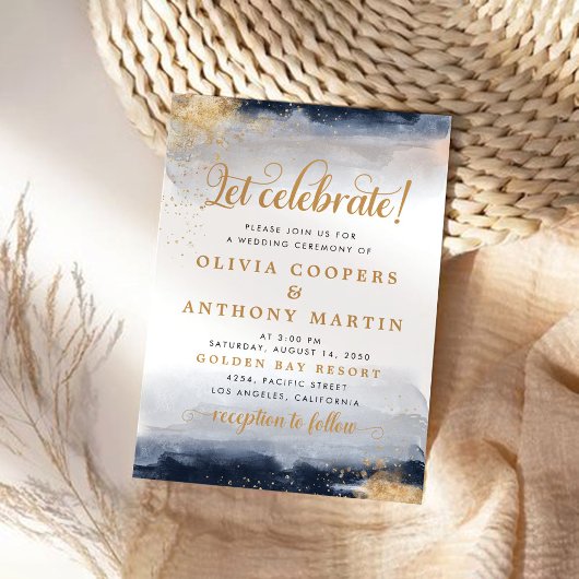 海軍と金ゴールド結婚の式招待状 招待状