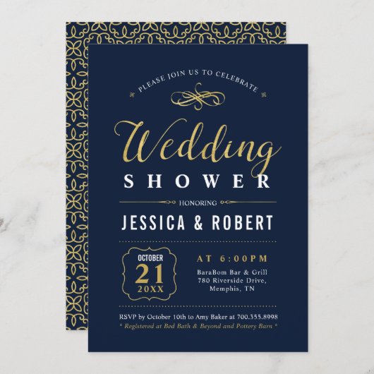 海軍と金ゴールド |カップルエレガントウェディングシャワー 招待状 (正面/裏面)