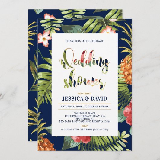 海軍と金ゴールド |夏のウェディングシャワー招待状 招待状 (正面/裏面)