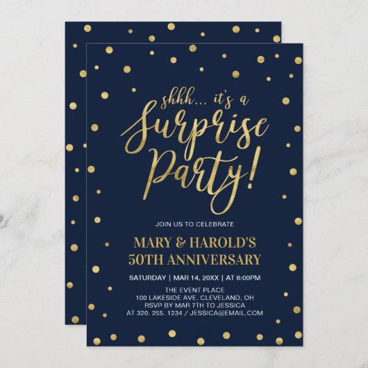 海軍と金ゴールド | 50thサプライズ結婚の記念日 招待状 (正面/裏面)