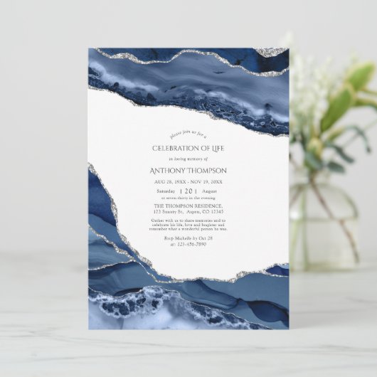 海軍と銀のアゲートお祝いのライフ写真 招待状 (スタンド正面)