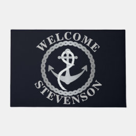 海軍と銀のセーリング航海のウェルカムマット ドアマット