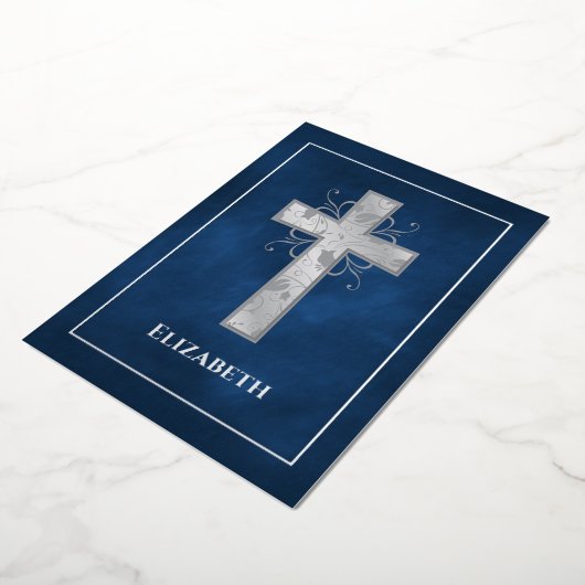 海軍と銀のバプテスマまたは《キリスト教》洗礼式や命名式のフィリグリーF 箔招待状 (回転した状態)