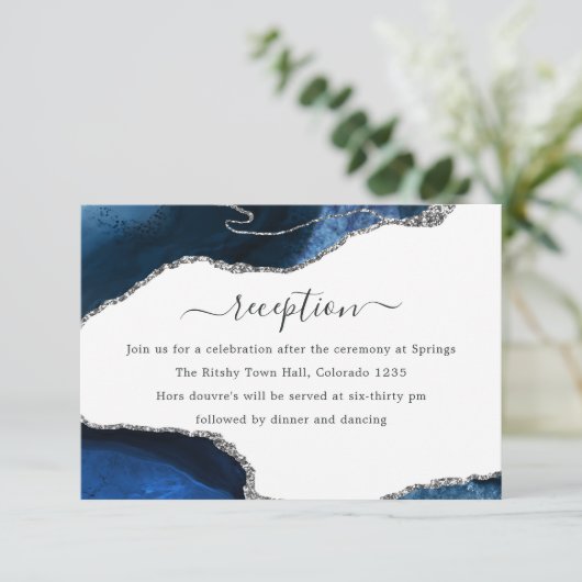 海軍と銀の瑪瑙の結婚式のレセプション エンクロージャーカード (スタンド正面)