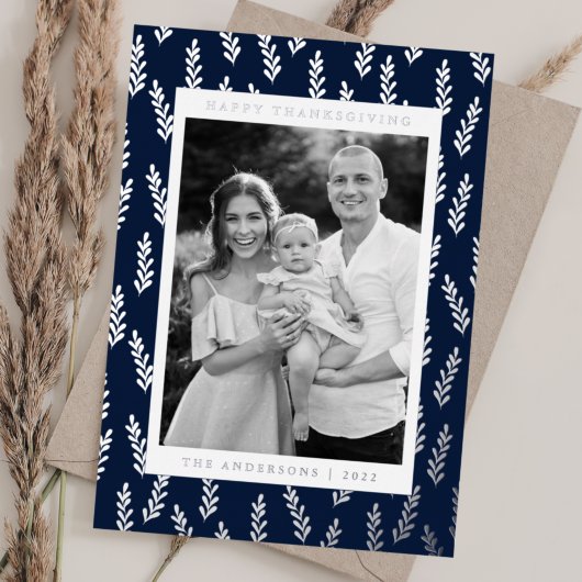 海軍と銀の葉の写真サンクスギビング 箔シーズンカード