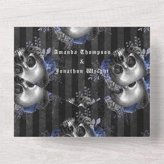 海軍と銀ゴシック様式のフローラ結婚ズ オールインワン招待状 (裏面)