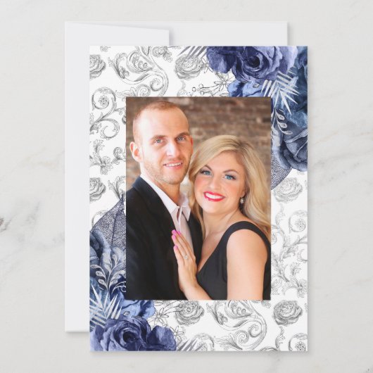 海軍と銀フェイク箔のフローラ結婚の写真 招待状 (裏面)