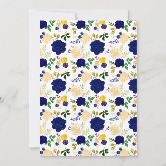 海軍と黄色がかった金ゴールドフローラ結婚ブーケの招待 招待状 (裏面)