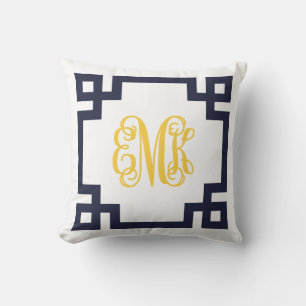海軍と黄色のギリシャ語鍵スクリプトMonogram クッション