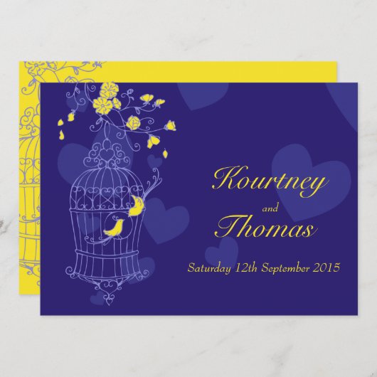 海軍と黄色の鳥がケージを開く結婚式招待状 招待状 (正面/裏面)