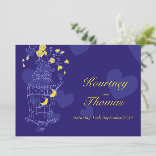 海軍と黄色の鳥がケージを開く結婚式招待状 招待状 (スタンド正面)