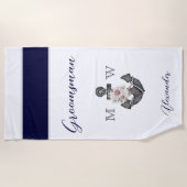 海軍のウェディング フラワアンカー ネイビー グレー ブライズメン ビーチタオル (正面)