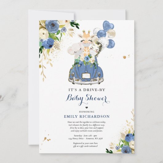 海軍のフローラサファリ動物がベビーシャワーで運転 招待状 (正面)
