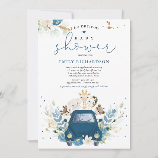 海軍のフローラサファリ動物がベビーシャワーで運転 招待状 (正面)