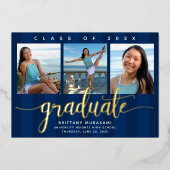 海軍の卒業式3枚の写真モダンのスクリプ実在ト金ゴールド 箔招待状 (正面)