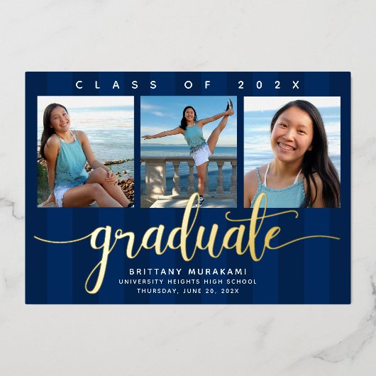 海軍の卒業式3枚の写真モダンのスクリプ実在ト金ゴールド 箔招待状 (正面)