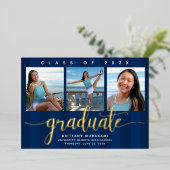 海軍の卒業式3枚の写真モダンのスクリプ実在ト金ゴールド 箔招待状 (立ち正面)