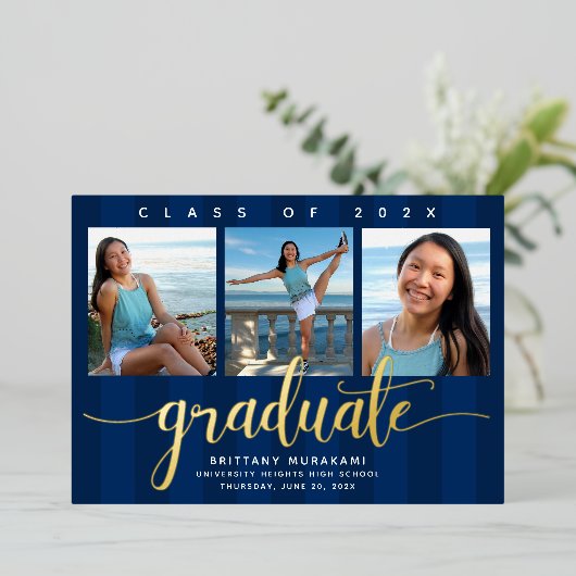 海軍の卒業式3枚の写真モダンのスクリプ実在ト金ゴールド 箔招待状 (立ち正面)