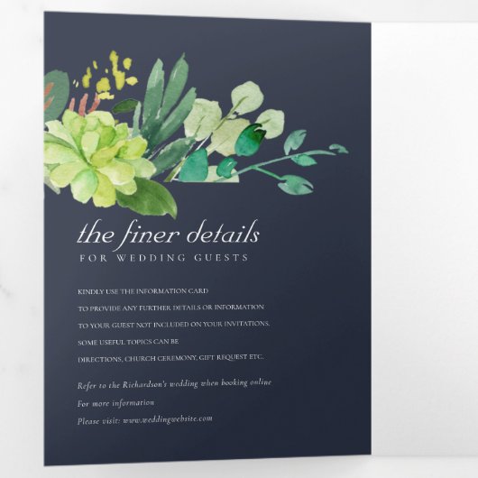 海軍の多肉性リースの葉の水色結婚の 三つ折り招待状 (内部最初)