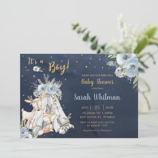 海軍の森林動物、部族のボーホーのボーイ·ベイビーシャワー 招待状 (スタンド正面)