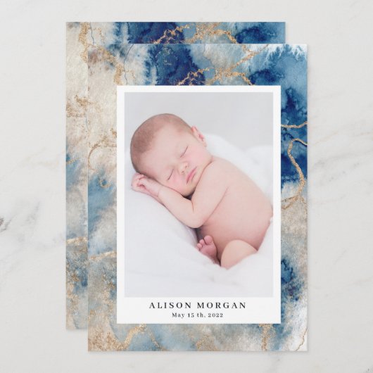 海軍の水彩の波金ゴールドの誕生発表 招待状 (正面/裏面)