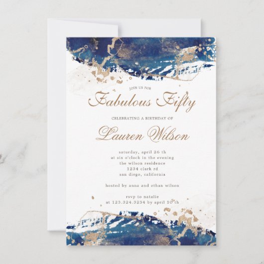 海軍の海の金ゴールド波の素晴らしい50歳の誕生日 招待状 (正面)