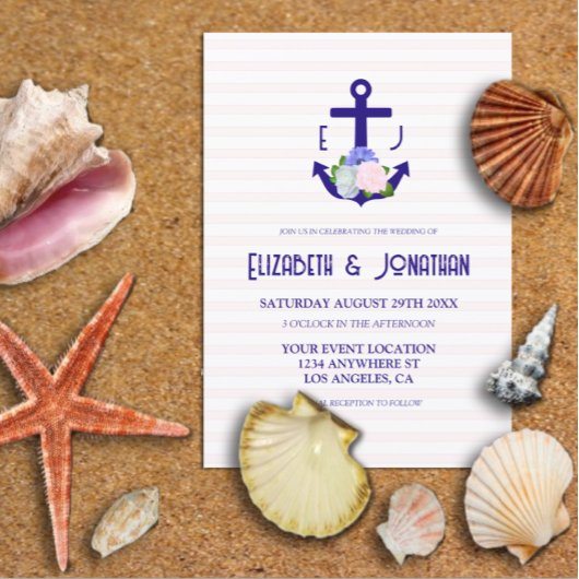 海軍の花柄ストライプのウェディング 招待状