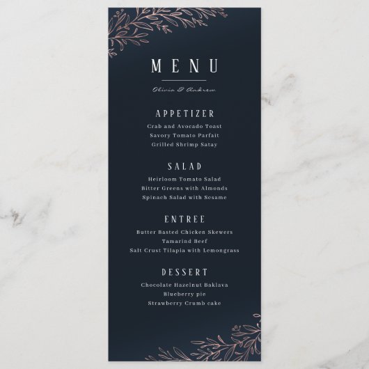 海軍の金箔バラ金ゴールドの植物的なエレガントな結婚式 メニュー (正面)