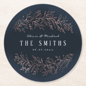 海軍の金箔バラ金ゴールドの植物的なエレガントな結婚式 ラウンドペーパーコースター (正面)